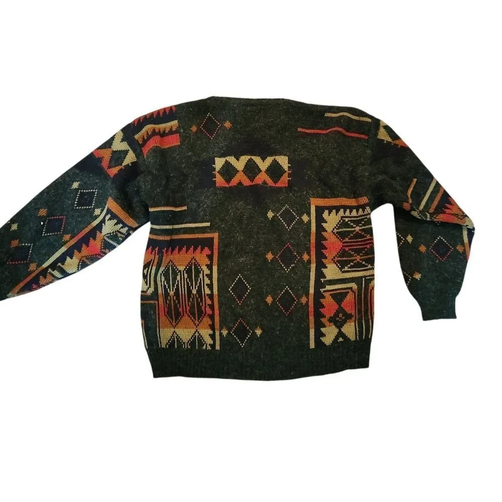 Vintage Peter Jon Sweater Mens XL Green Aztec Southwestern 80s Acrylic Pullover